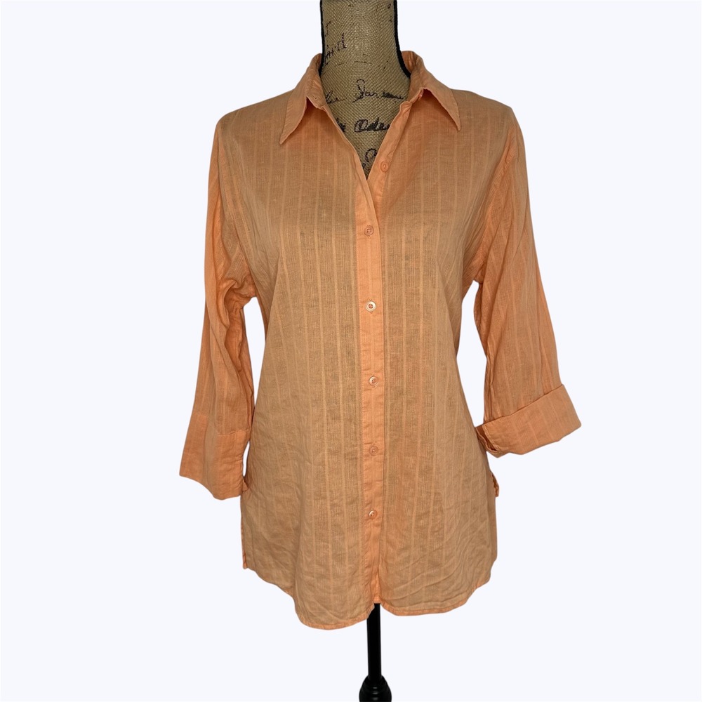 Kim Rogers Linen Blend Button Up Shirt Orange 3/4 Sleeve Coastal Beach‎ Sz XL